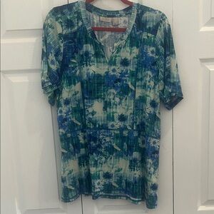 LOGO by Lori Goldstein Blue and Green Floral Short Sleeve Top